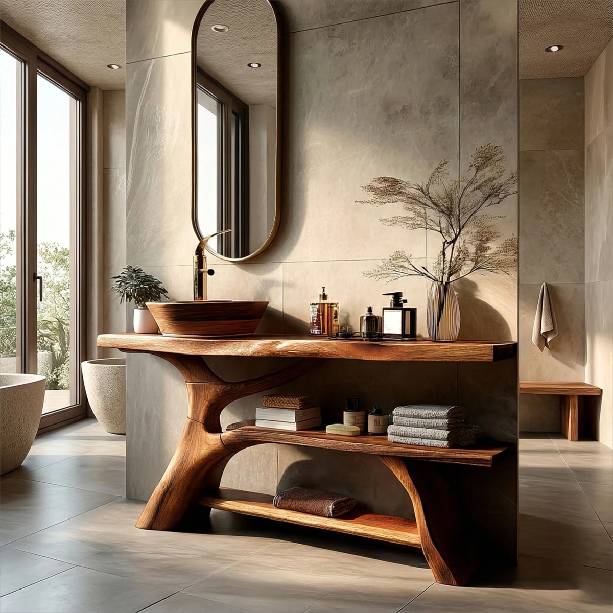 Contemporary space with brown wood bathroom vanity and open shelves.