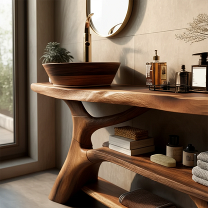 Warm bathroom design with brown wood bathroom vanity and natural light.