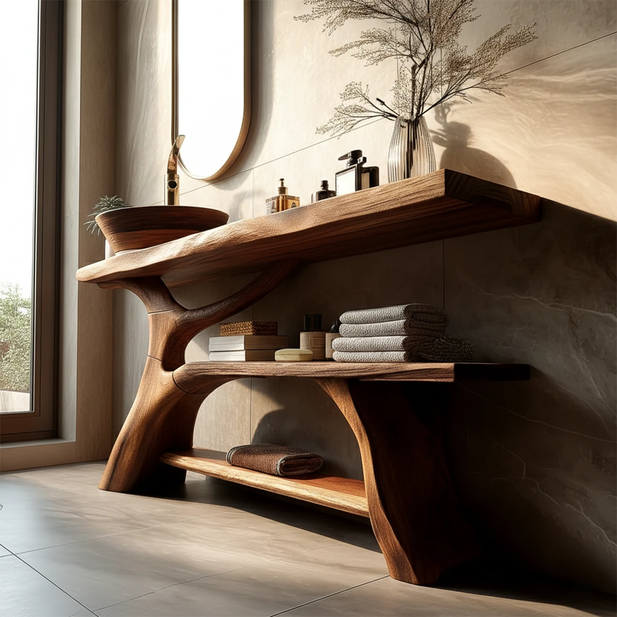 Stylish interior with brown wood bathroom vanity and oval mirror.