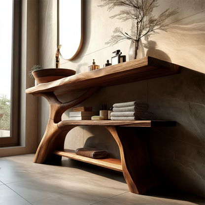 Stylish interior with brown wood bathroom vanity and oval mirror.