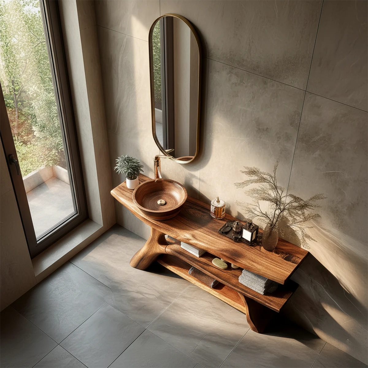Modern minimalist bathroom with brown wood bathroom vanity and decor.