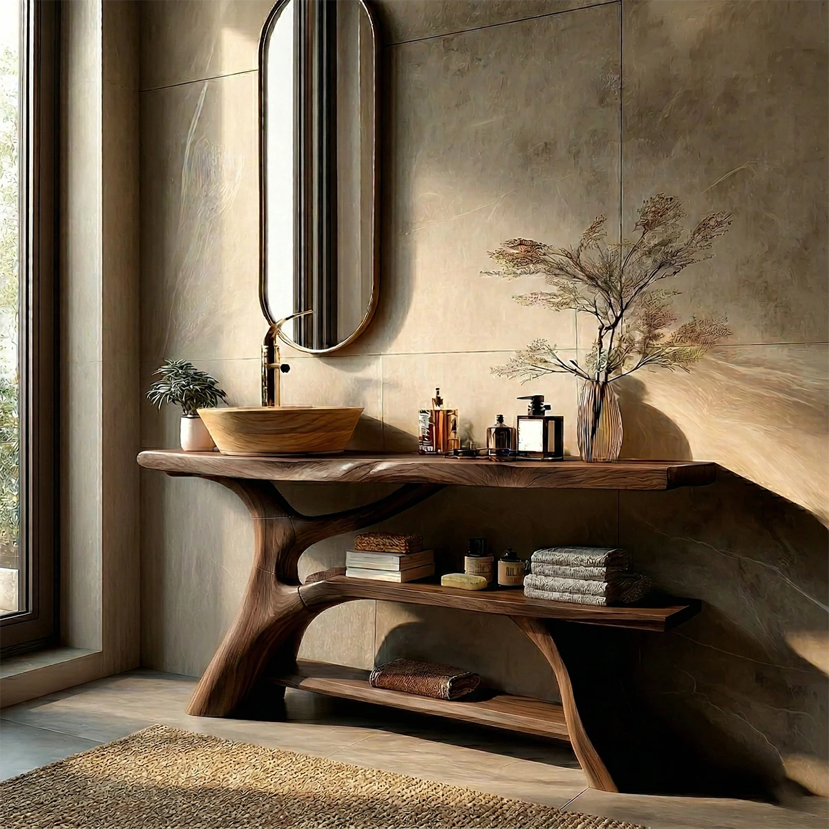 Natural style bathroom with brown wood bathroom vanity and wood grain.