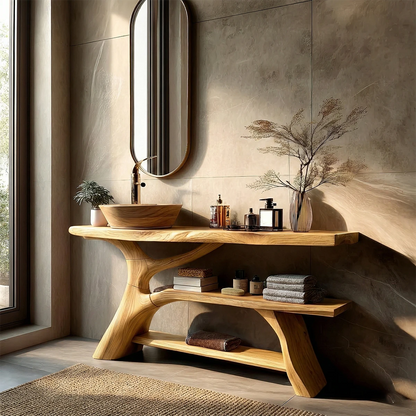 Luxury interior with brown wood bathroom vanity and vessel basin.