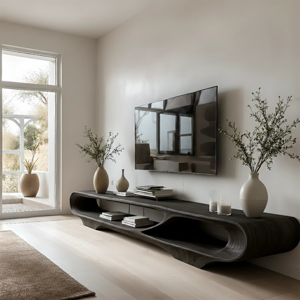 TV stand in caramel black finish with curved edges and seamless organic shape in a modern home