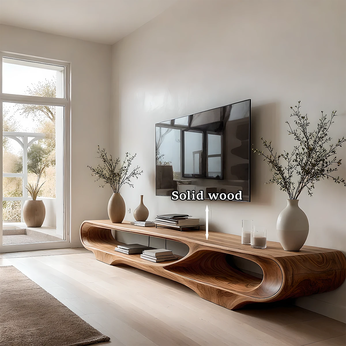 Caramel brown TV stand with flowing open design and natural grain pattern in a bright room