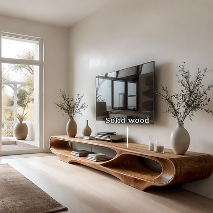 Caramel brown TV stand with flowing open design and natural grain pattern in a bright room