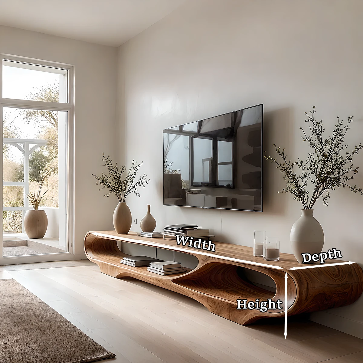 Caramel brown TV stand with rounded silhouette and clean contemporary styling in a warm space