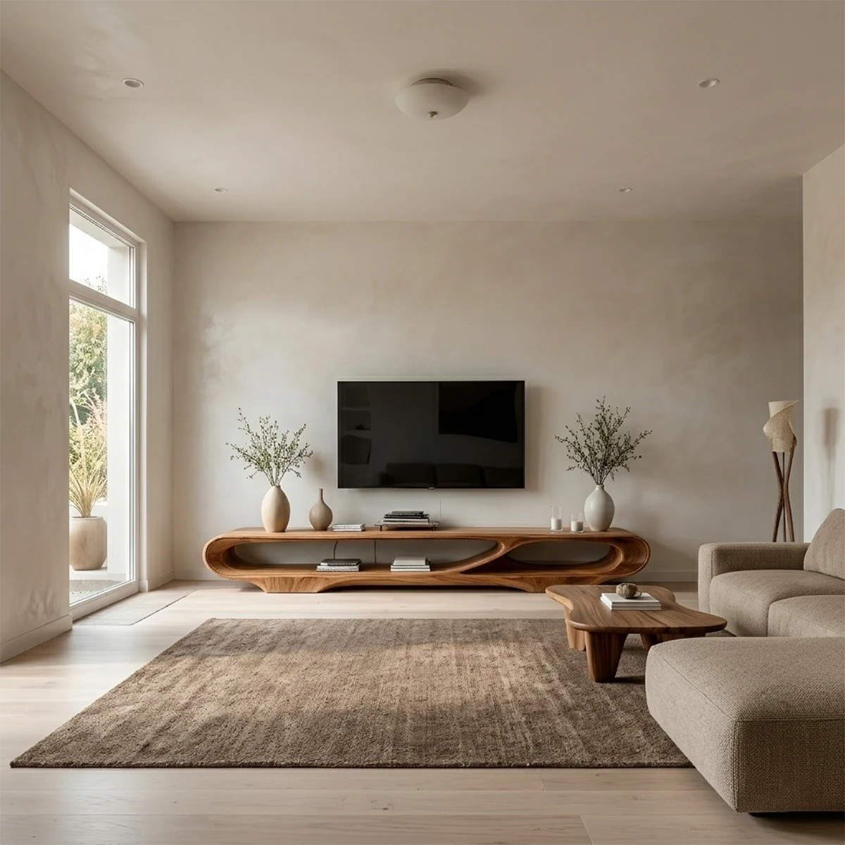 Modern TV stand in caramel brown finish with sculptural curves and smooth flowing design
