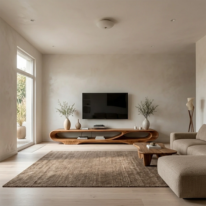Modern TV stand in caramel brown finish with sculptural curves and smooth flowing design