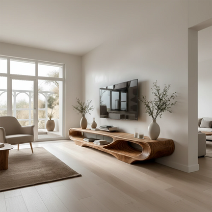 Contemporary TV stand in caramel brown finish with open compartments and soft rounded edges