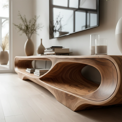Caramel brown TV stand with organic curved silhouette and clean modern lines in a living room