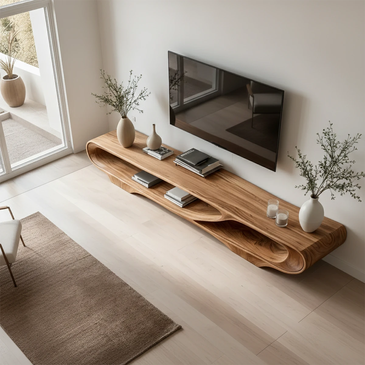 Caramel brown TV stand with minimalist curved form and warm grain detail in a calm interior