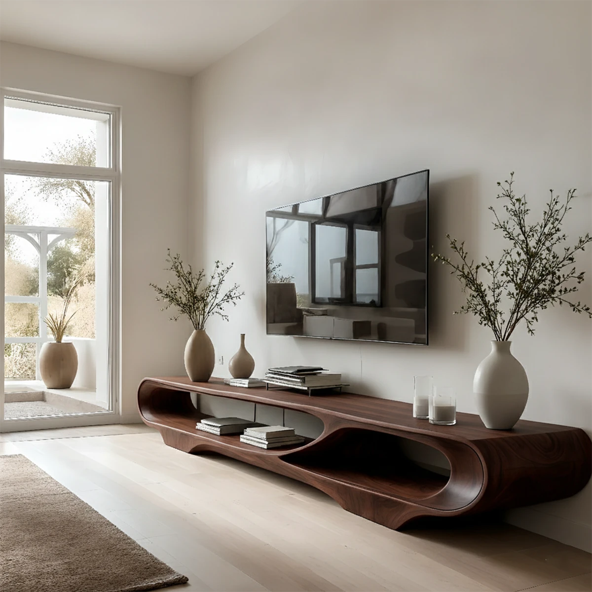 Modern TV stand with caramel walnut tone and open shelf design in a soft neutral space