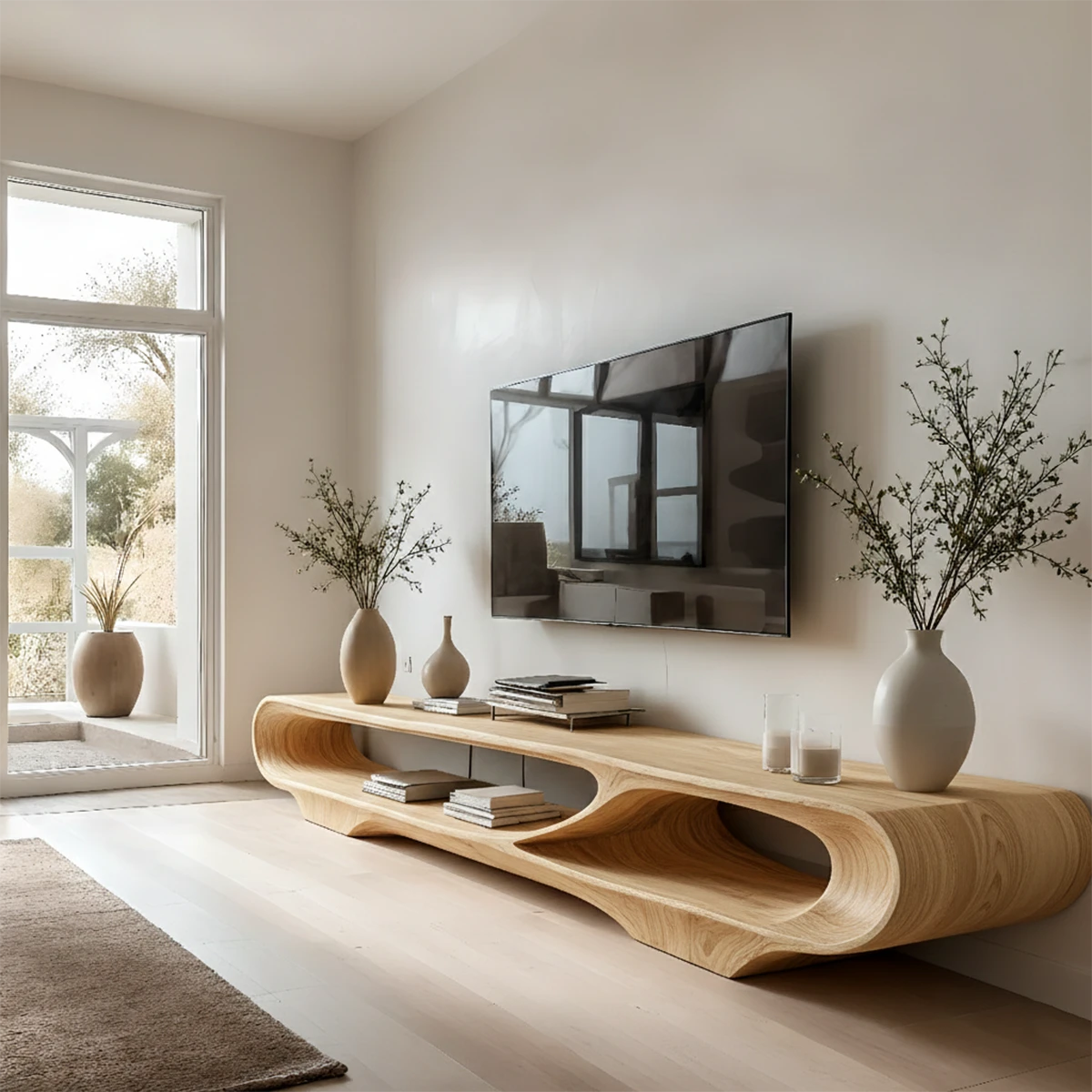 Caramel oak TV stand with low profile structure and sculptural modern design