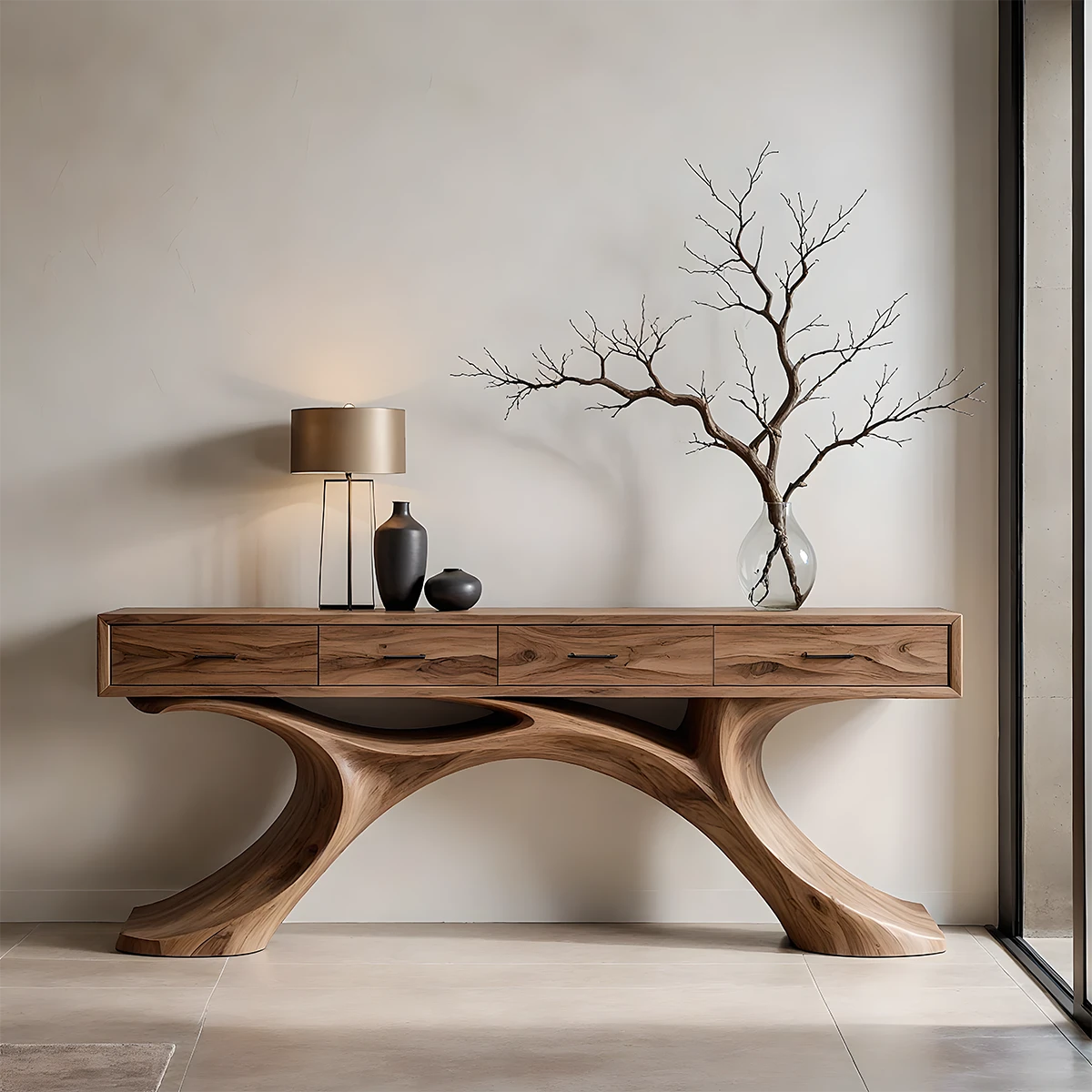 Sculptural console table with flowing base design and multiple drawers for modern entryway storage