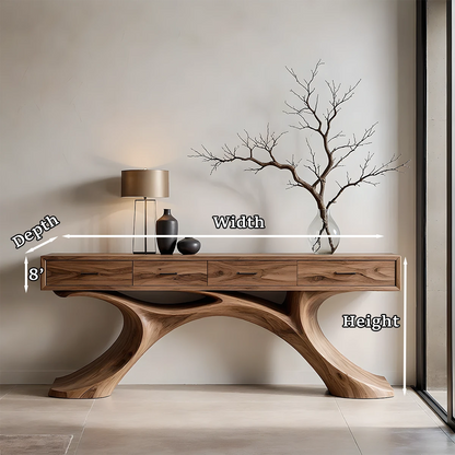 Stylish hallway console with flowing base form and functional storage drawers for daily use