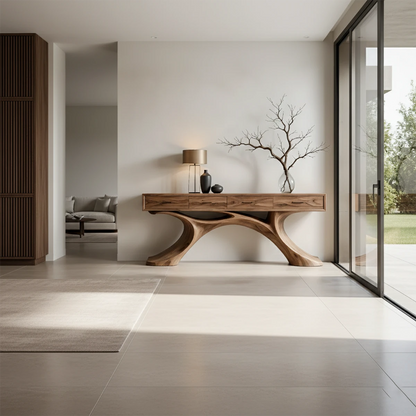 Modern entryway console featuring organic base structure and sleek drawer storage for interiors
