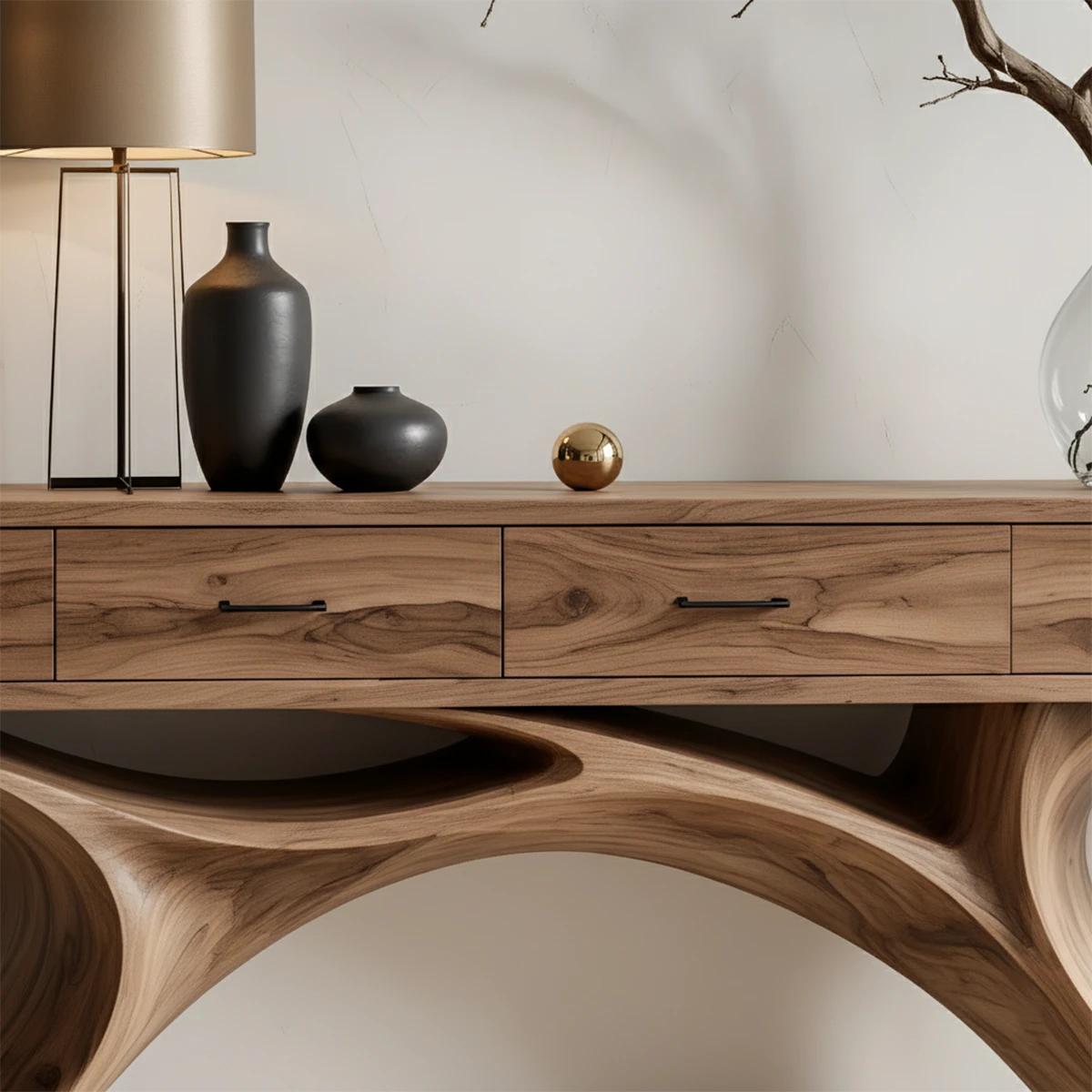 Contemporary hallway console table with artistic base form and integrated storage drawers