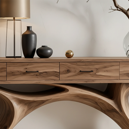 Contemporary hallway console table with artistic base form and integrated storage drawers