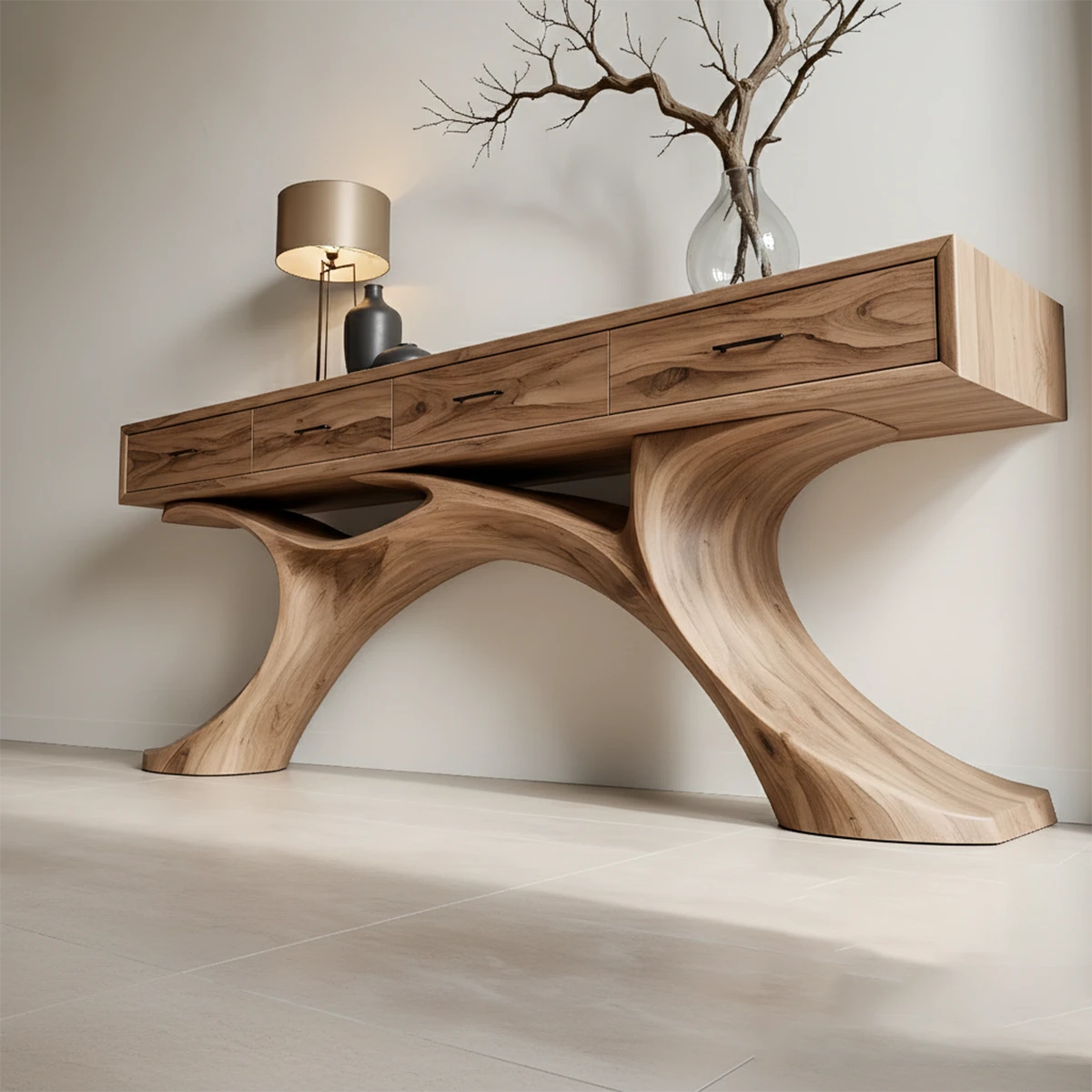Minimalist console table with curved base silhouette and practical drawer storage solution