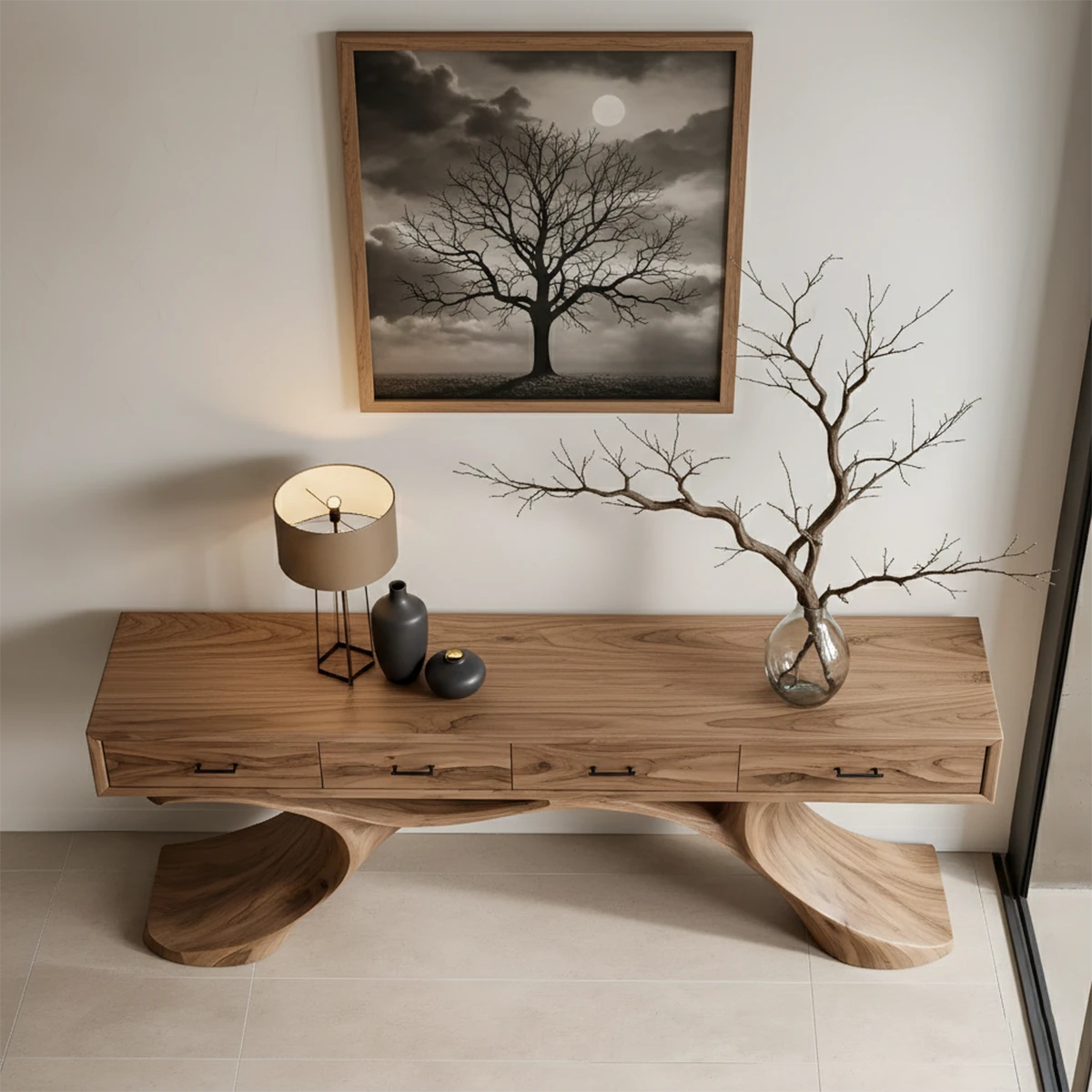 Elegant console table design with sculpted base and smooth drawers for entryway organization