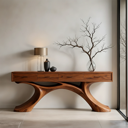 Designer hallway console with fluid wood base and built in drawers for functional storage