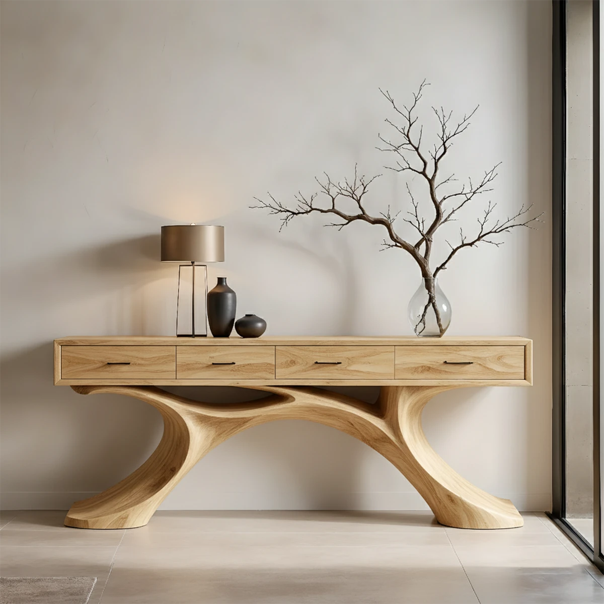 Unique console table with organic base shape and spacious drawer storage for modern homes