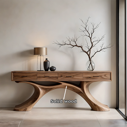 Modern console table with artistic curved base and hidden drawer storage for interiors