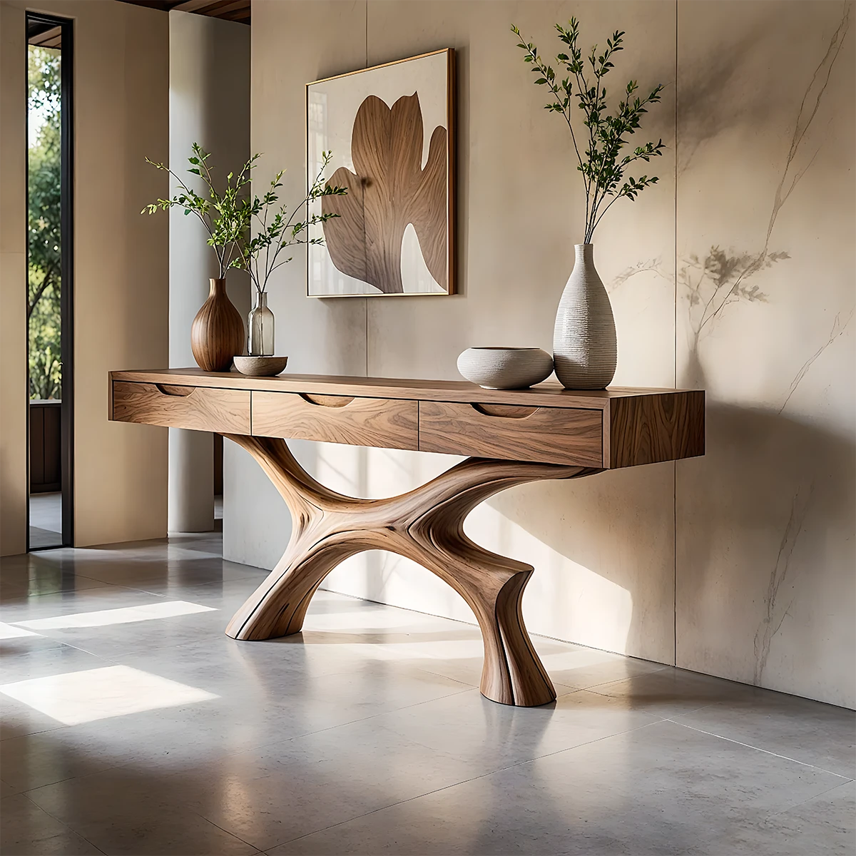 Sculptural console table with organic base and drawers for modern entryway storage needs