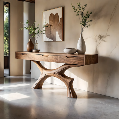 Sculptural console table with organic base and drawers for modern entryway storage needs