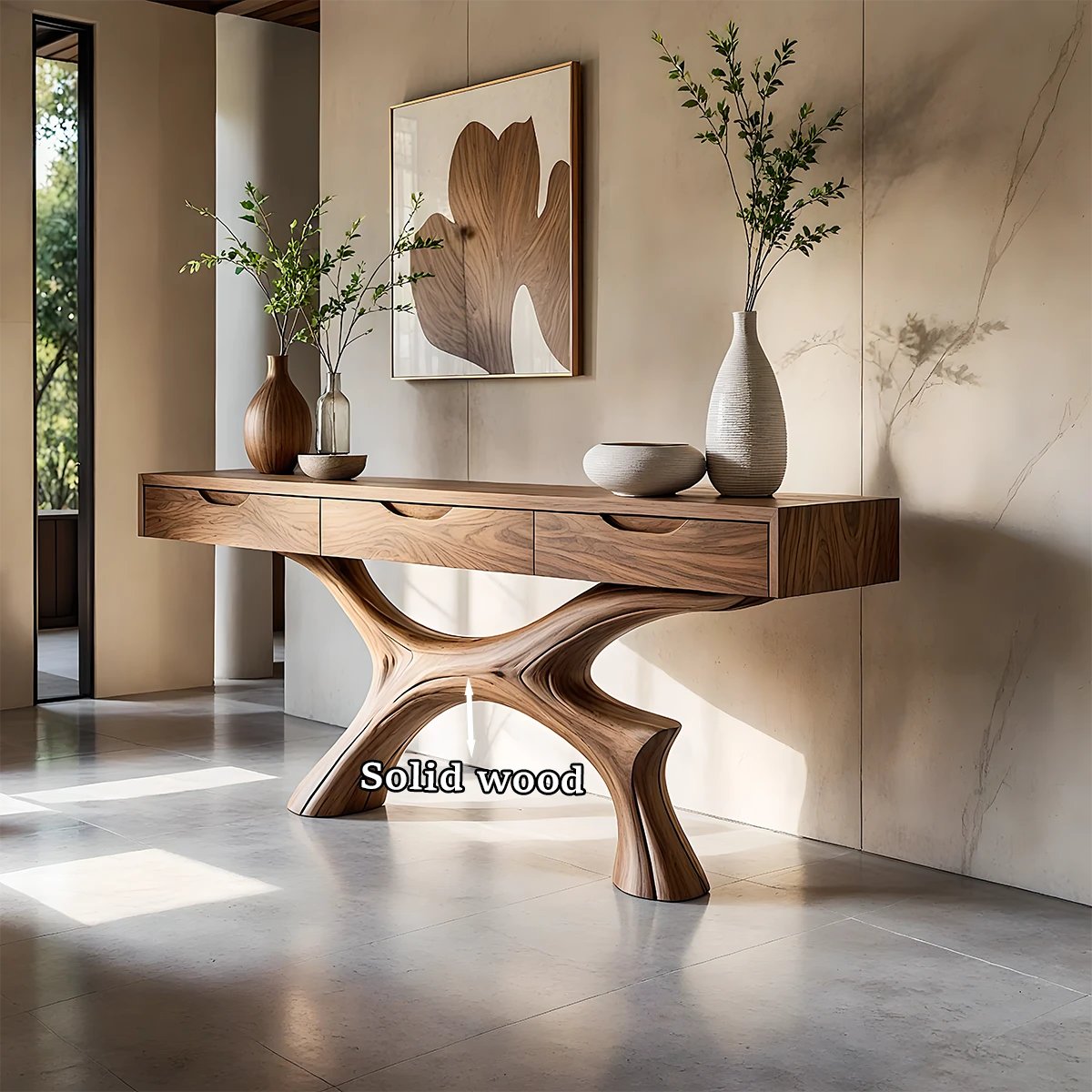Unique entryway console with sculptural base and seamless drawers for daily essentials
