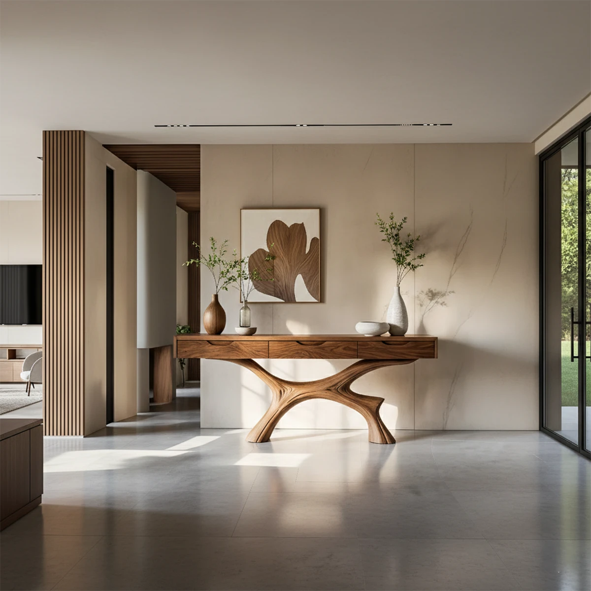 Contemporary console cabinet with artistic base form and integrated drawers for interiors