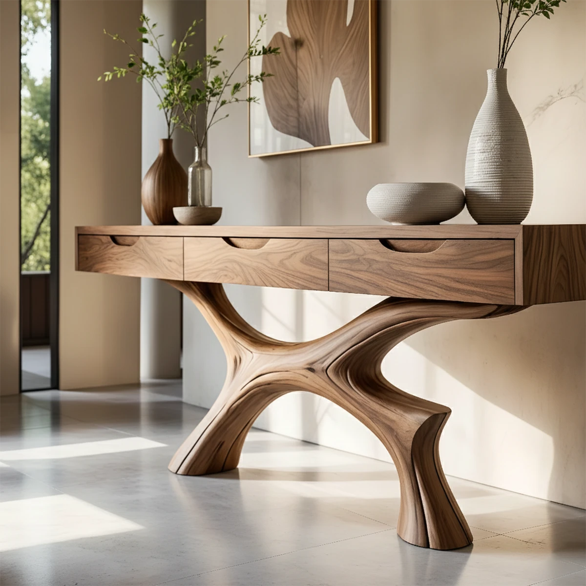 Minimal hallway console with curved base silhouette and smooth drawer storage function