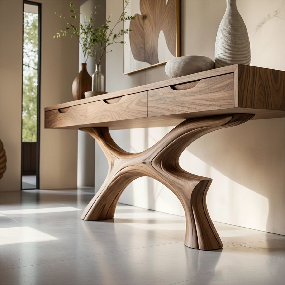 Modern entry console with organic base structure and hidden drawers for clean interiors