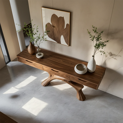 Elegant sideboard table with sculpted base and functional drawers for organized living spaces
