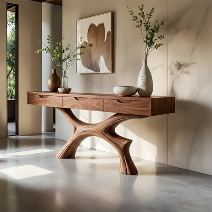 Designer console piece with fluid base design and wide drawer storage for entryway use