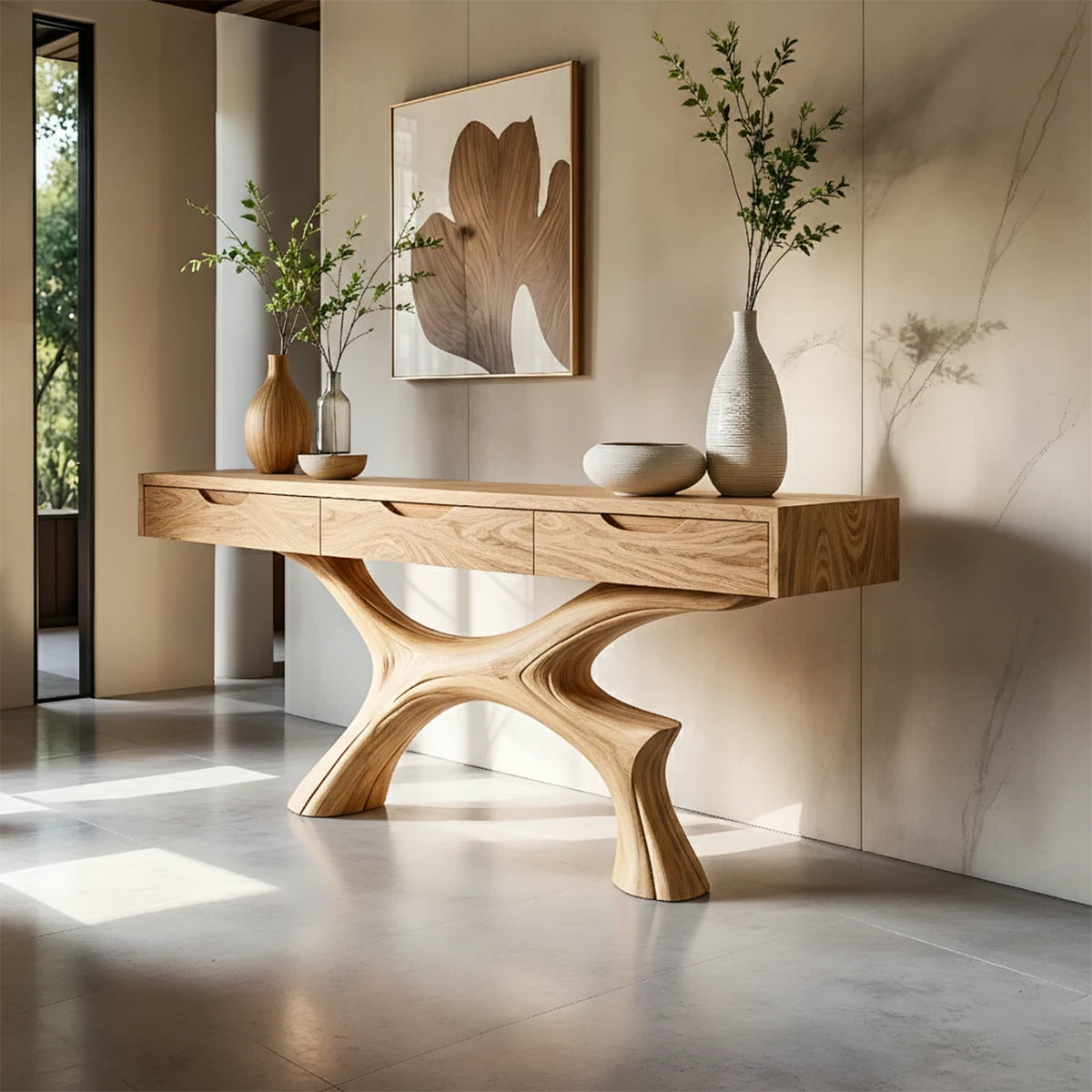 Refined hallway console featuring organic base and built in drawers for modern homes