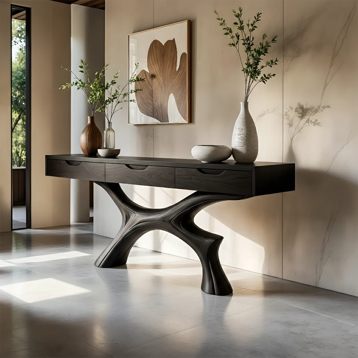 Stylish console cabinet with curved base design and multiple drawers for storage solutions