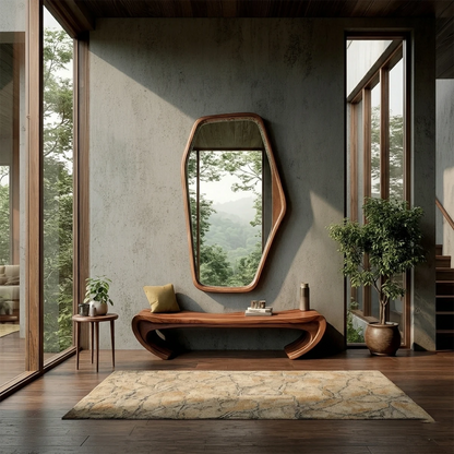 Modern entryway bench showcasing artistic curved support and refined walnut tone finish detail