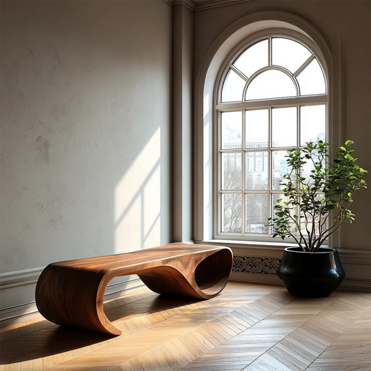 Sculptural loop bench with flowing hollow base and smooth walnut tone finish modern entryway seating