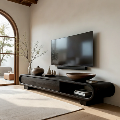 The black style TV stand blends curved structure and practical shelf space in a calm setting