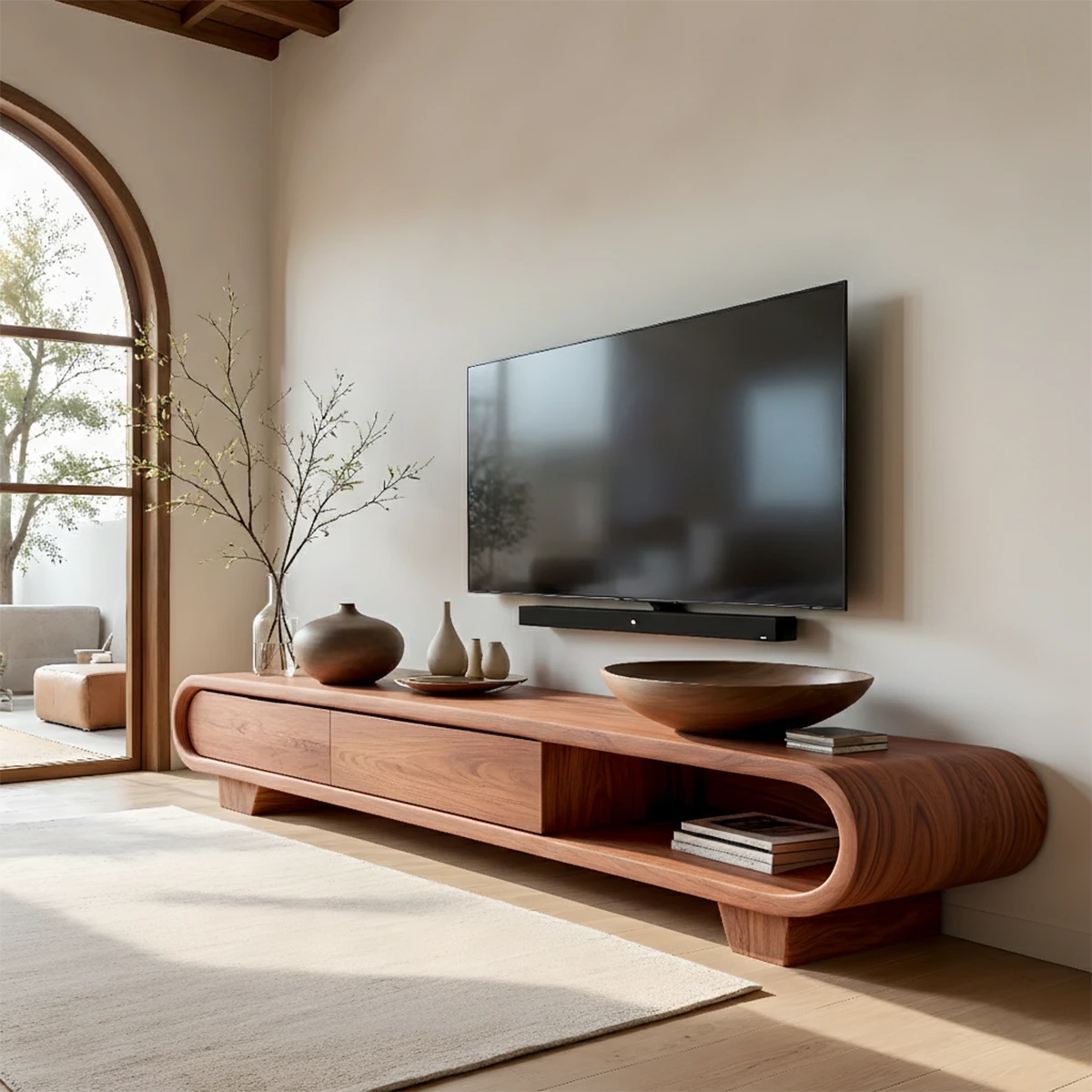 A low profile TV stand in brown style finish with sculptural curves and clean modern design