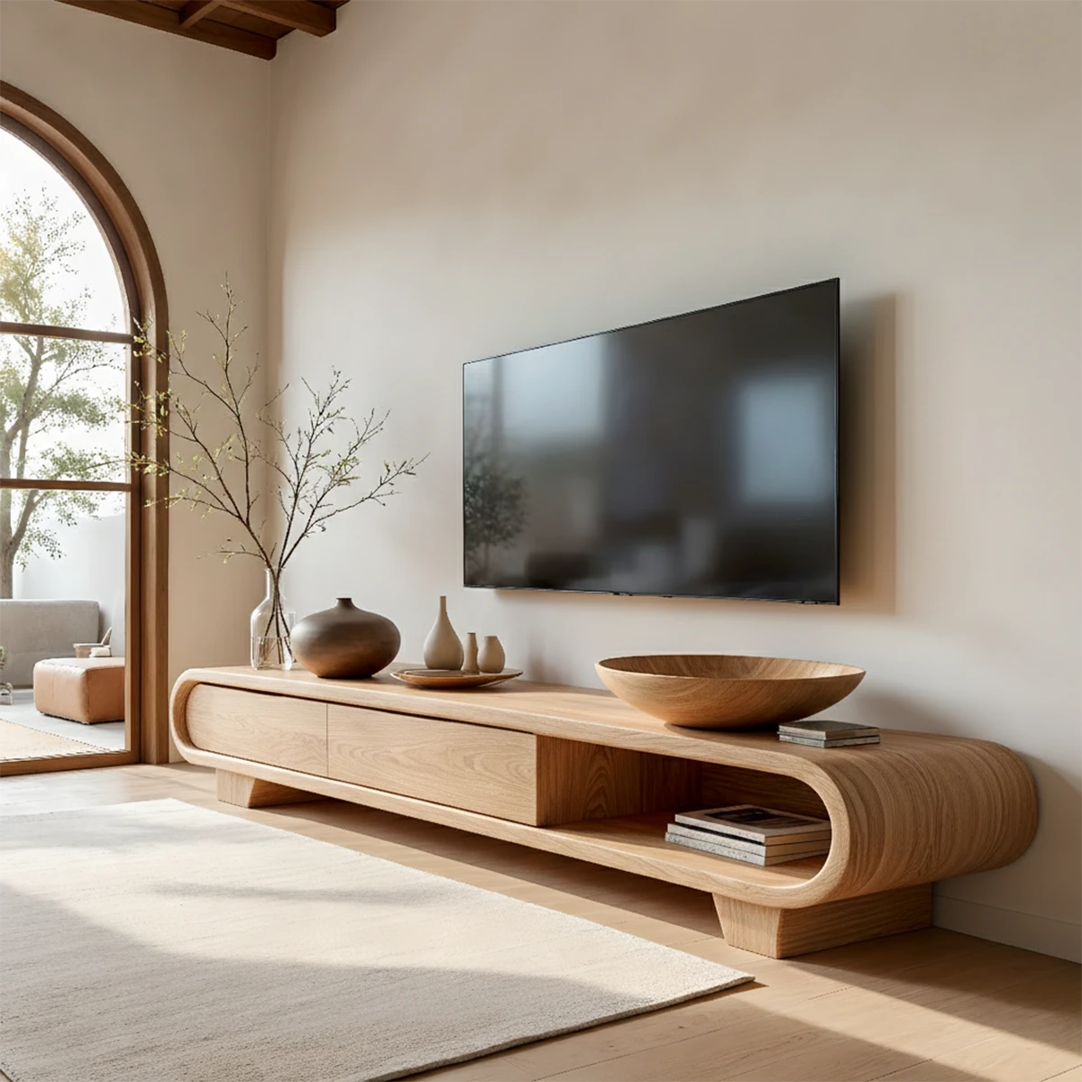 With its oak style finish, the TV stand offers open storage and a refined minimalist look