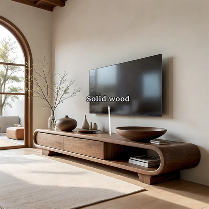 Crafted in a walnut style finish, this TV stand features soft contours and balanced form