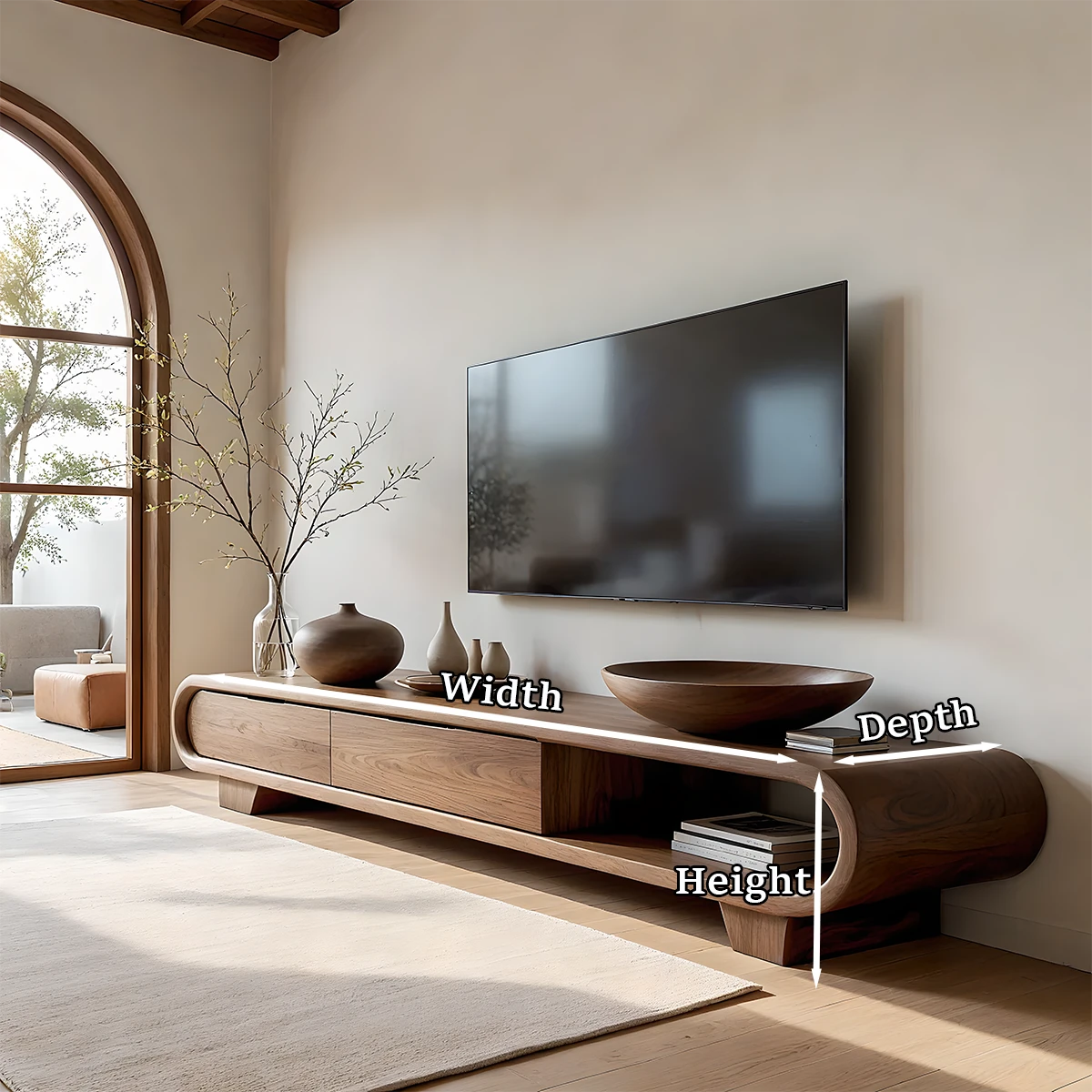 A contemporary TV stand in walnut style with open shelf layout and smooth organic shape