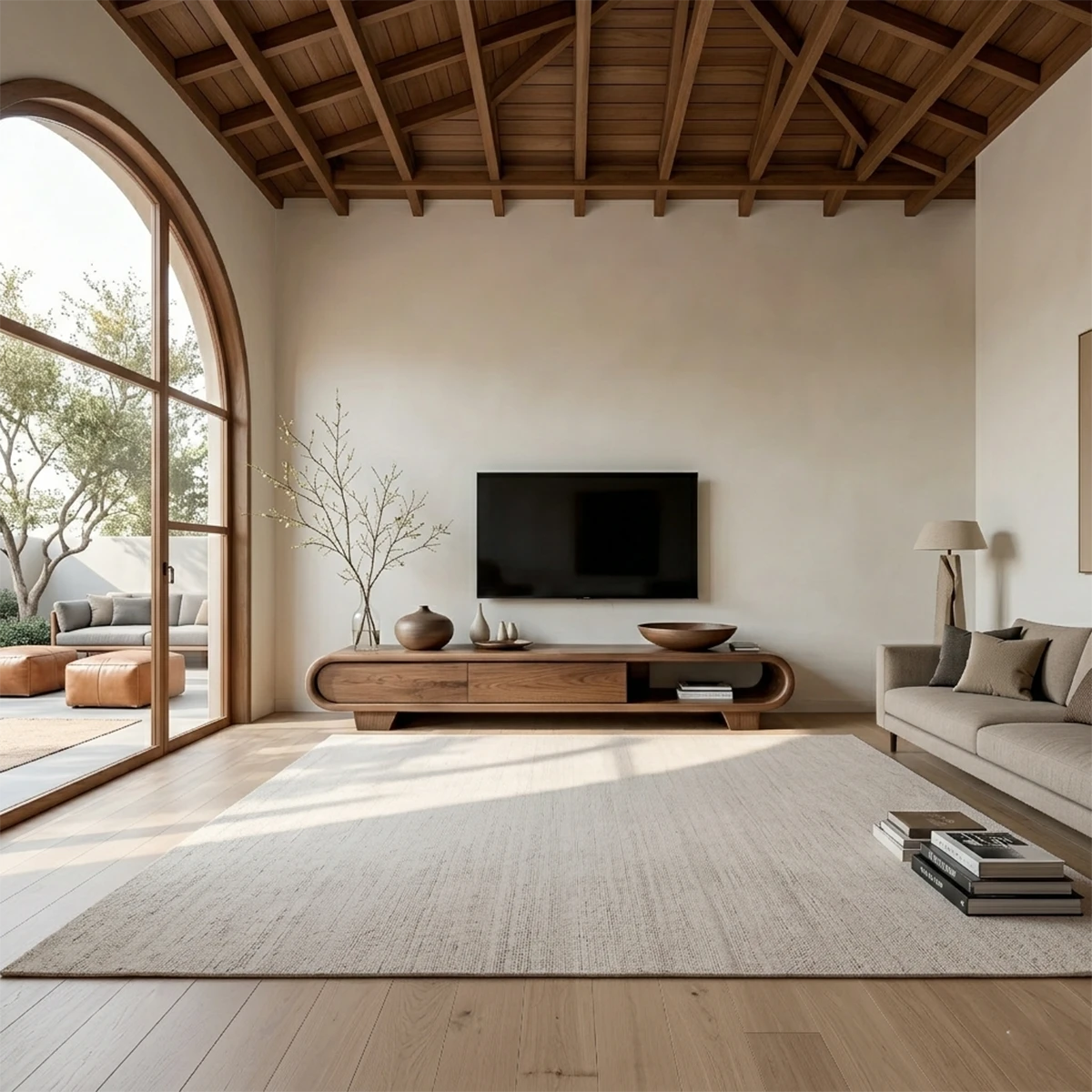 A modern TV stand in walnut style finish featuring soft curves and a low profile silhouette