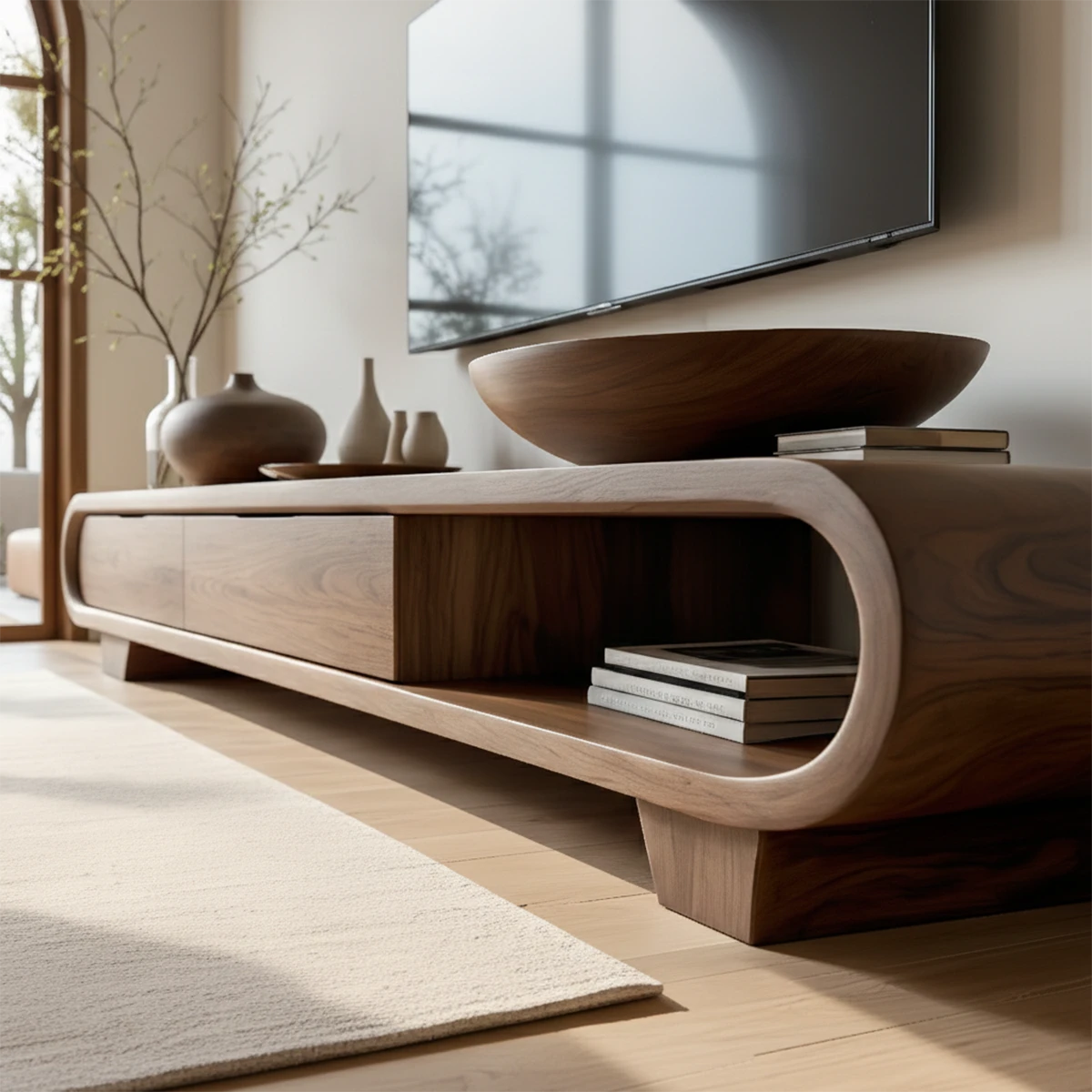 Designed with a walnut style finish, this TV stand features clean lines and organic form