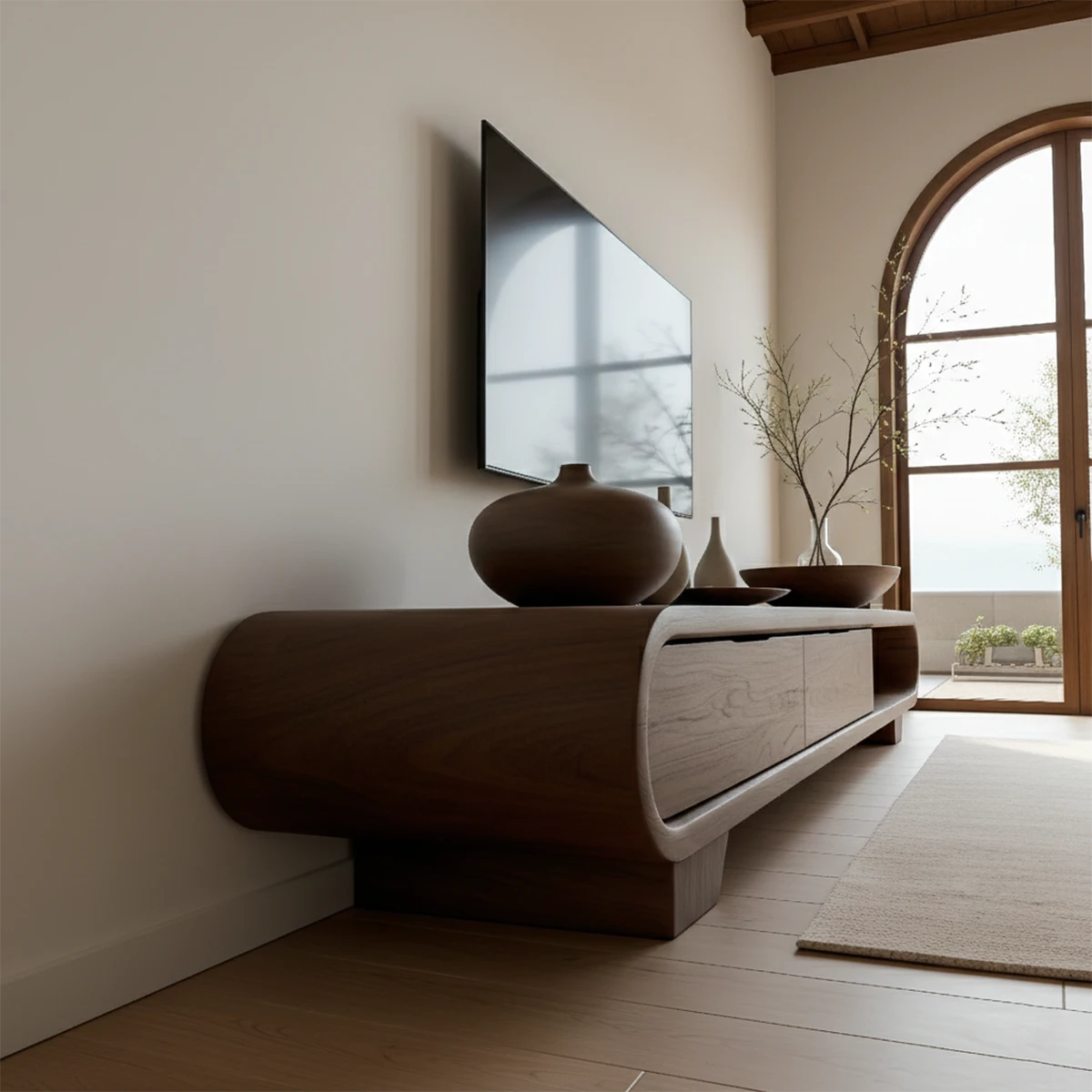 Featuring a walnut style TV stand with curved edges and functional open shelf storage