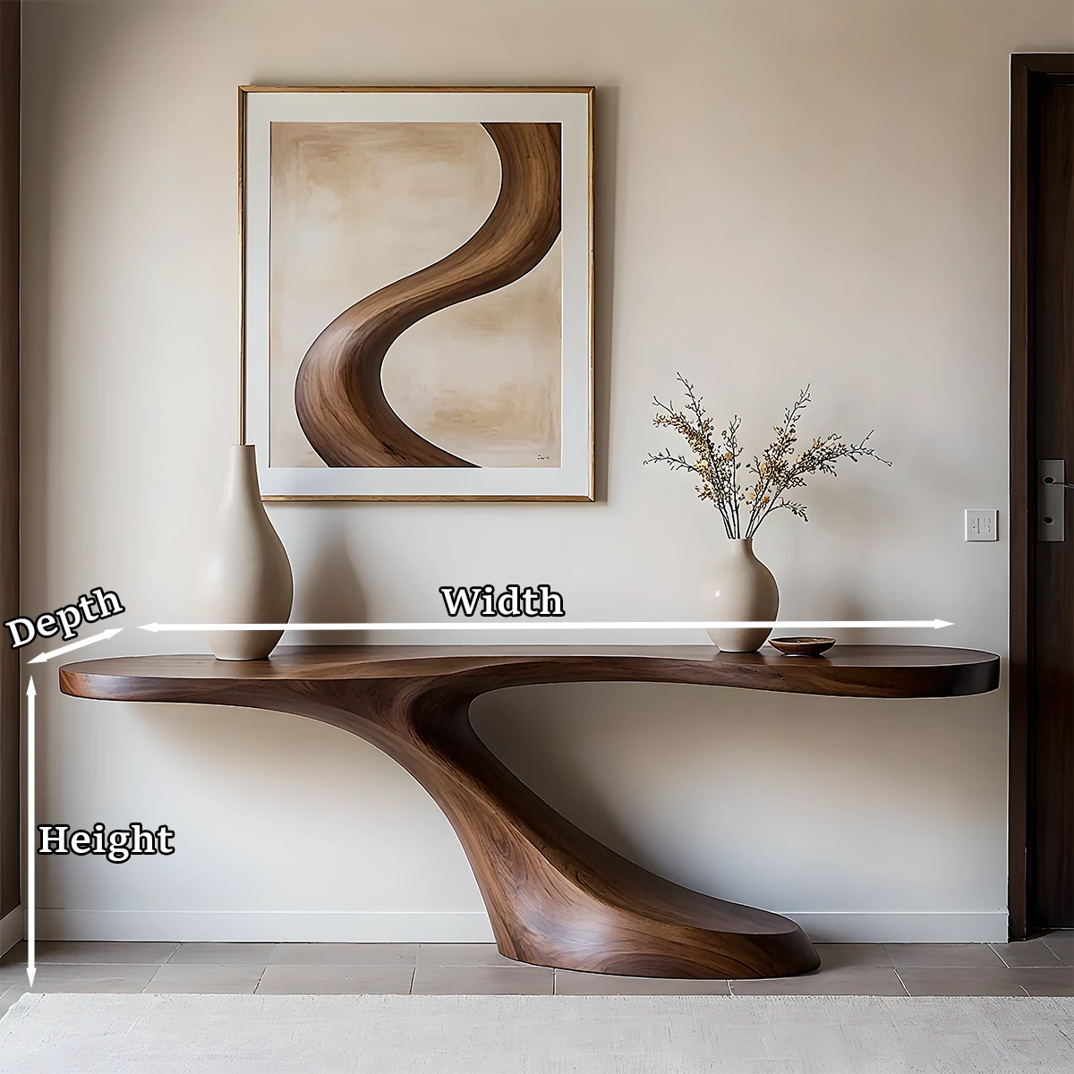 Modern solid wood console table with sculptural curved base, perfect for elegant entryway styling