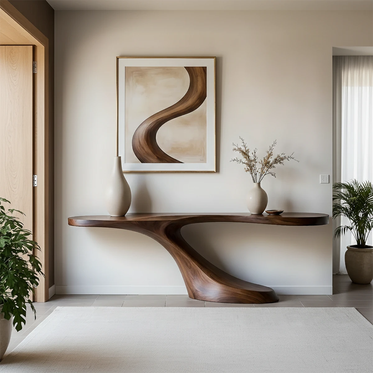 Solid wood console table with artistic silhouette placed beneath wall art in refined interior